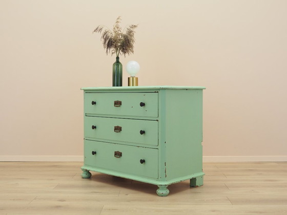 Solid pine chest of drawers painted green, three drawers, Denmark 1950s – Wood (photo 3 of 16)