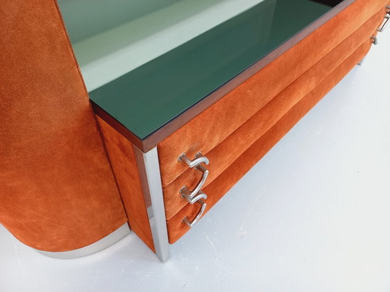 Image 1 of Coiffeuse vintage design italien en velours suédine, chrome, verre fumé et miroir des années 70 80