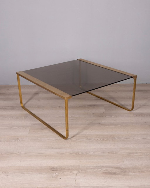 Tavolino da caffè vintage anni '60, design italiano in ottone e vetro.