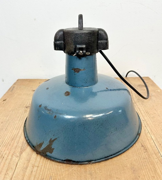 Image 1 of Industrial Blue Enamel Factory Lamp with Cast Iron Top, 1960s