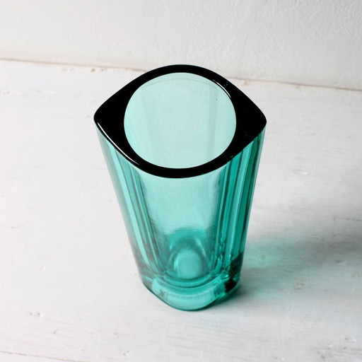 Stylish Turquoise Mid-century Pressed Glass Vintage Vase by Miloš Filip / Rosice / Czech Republic / 1963