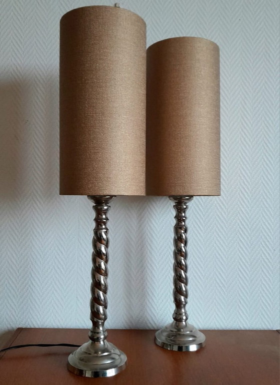 Image 1 of 2x silver metal twisted column lamps
