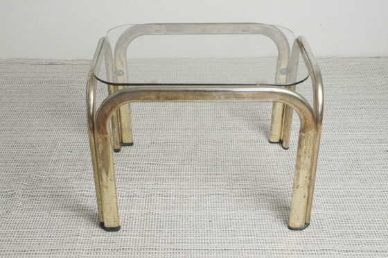 Image 1 of Messing-goudkleurige chromen glazen bijzettafel, vintage mid-century modern accenttafel, nachtkastje, jaren 70