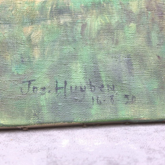 Image 1 of Vintage olieverfschilderij op canvas, gesigneerd, kerk, Europese vondst, landelijk stilleven, gedateerd 1950, wanddecoratie