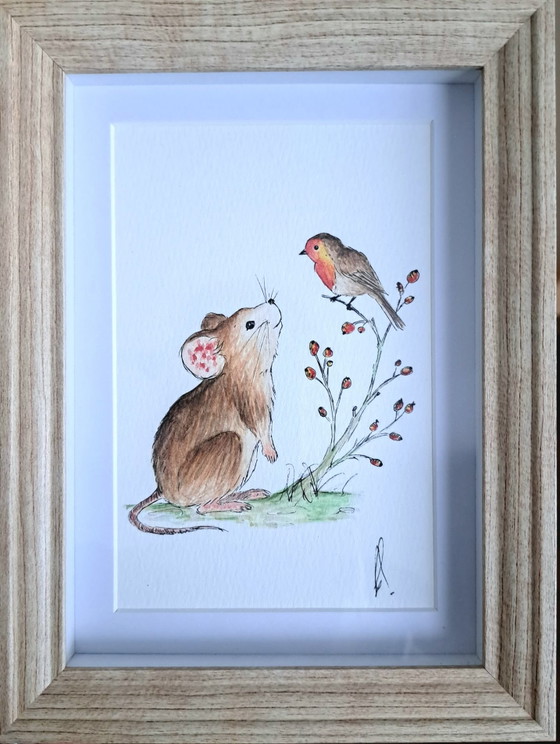 Watercolor Painting Mouse with Robin | With frame – Paintings & Drawings, Paper (photo 3 of 5)