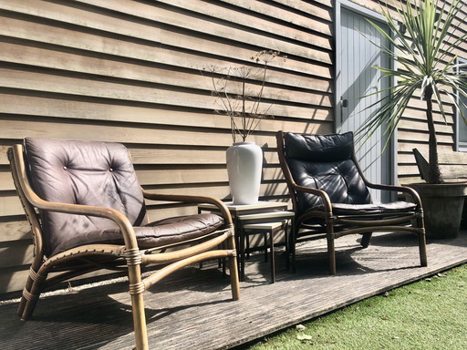 Ensemble vintage de fauteuils en bambou 1970 avec coussin en cuir