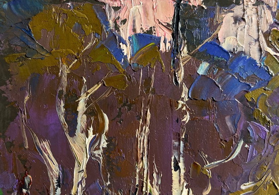 Image 1 of Original Oil Painting Gloomy Forest Landscape Blooming spring