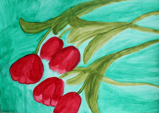 Vintage watercolor painting of red tulips on a green background, artist's painting, unique piece, signed and dated.