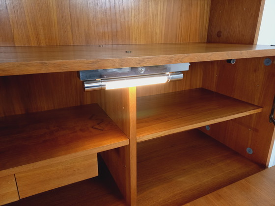 Image 1 of Louis Paolozzi's vintage modernist secretary bookcase for Monopoly in teak and metal from the 60s