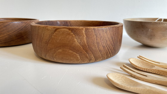 Image 1 of Set di 3 ciotole + 12 mini posate in legno e teak