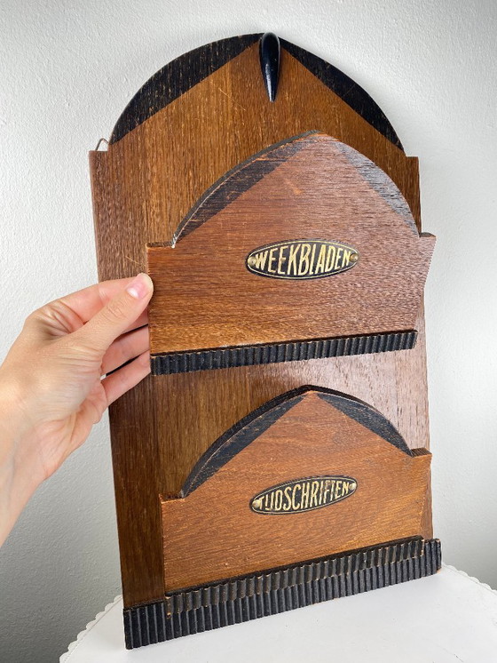 Image 1 of Portariviste antico/vintage - Portariviste da parete - Portariviste in legno Art Déco olandese degli anni '30 - Scuola di Am