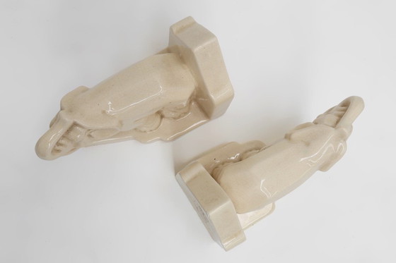 Image 1 of French Art Deco Ceramic Bookends in Elephant Motif, 1930s 