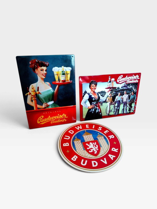 3 x Budweiser Reklame / gewölbte Werbeschilder / Budvar