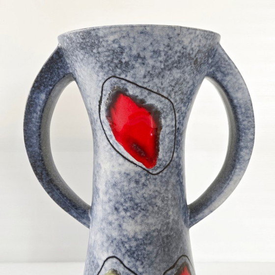 Image 1 of IMPORTANT VINTAGE 1950 VASE WITH 2 HANDLES, RED & YELLOW CERAMIC, 50S ROCKABILLY