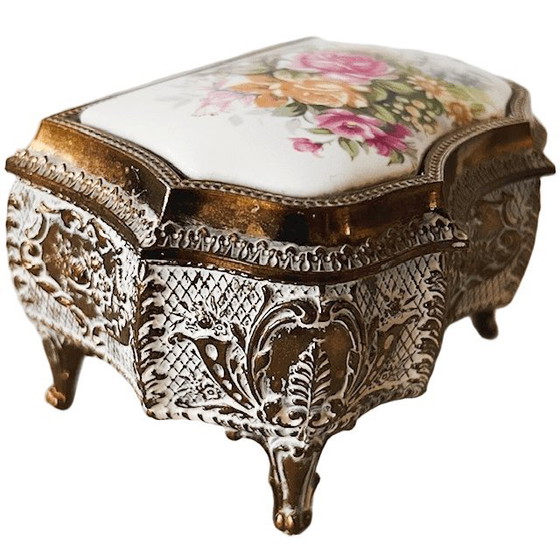 Image 1 of Vintage barok sieradendoosje goud porselein bloemen 1950's