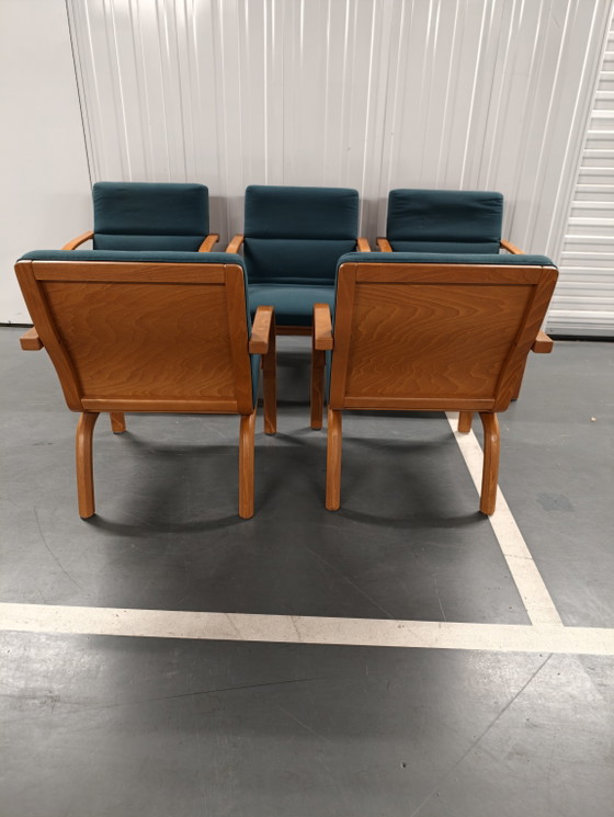 5 Vintage Deense Loungestoelen Groen, Wollen, Gebogen Hout, Retro Uit De Jaren 80. – Eetkamerstoelen, Wool (photo 7 of 9)