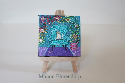 Hand-painted Small Painting with Little Donkey Unique Cat on Chair