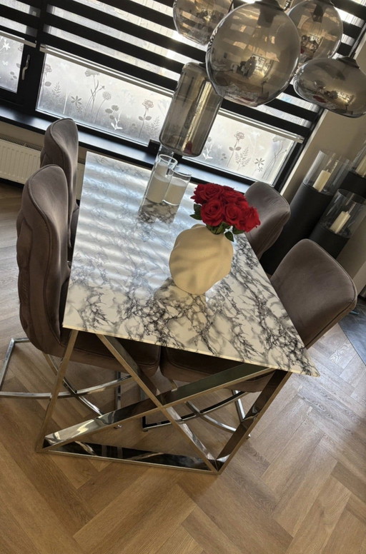 Table de salle à manger de style Erick Kuster avec 4 chaises de salle à manger en velours – Eric Kuster, eetkamerset, Metal