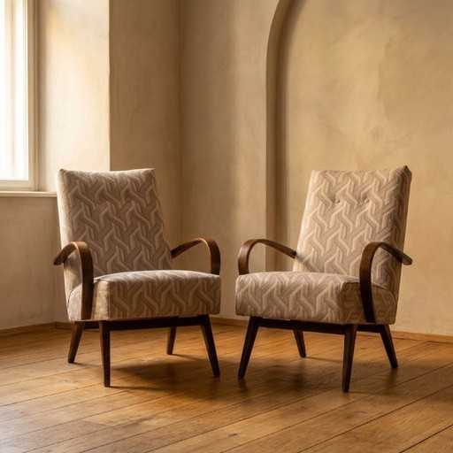 Restored Bentwood Armchairs by Jaroslav Šmídek, Pair, Czechoslovakia, New Beige Patterned Upholstery, 61 × 82 × 81 cm