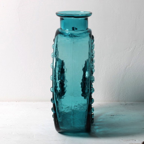 Image 1 of Large Vintage Teal Sunburst Blue Bubble Glass Vase / Erich Jachmann for WMF / 1960s
