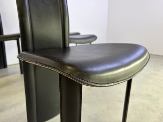 Vintage Zwart Lederen Eetkamerstoelen, Set van 6, Jaren 80 – Leather (photo 7 of 9)