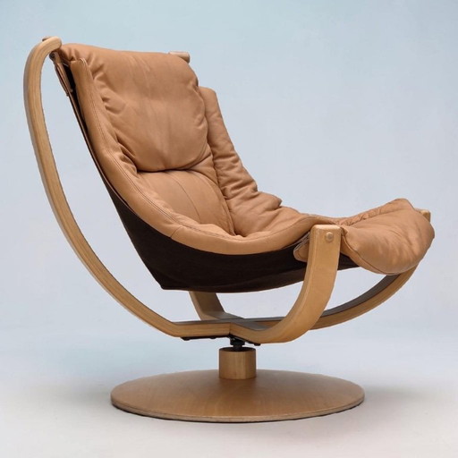 Scandinavische draaibare fauteuil uit de jaren 80, meubelleer, gebogen hout.