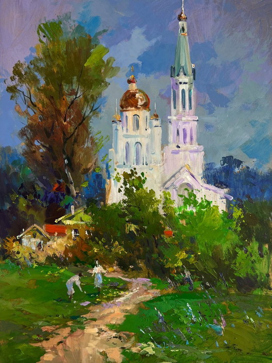 Image 1 of Original Oil Painting Summer Nature Landscape Church under a shining sky