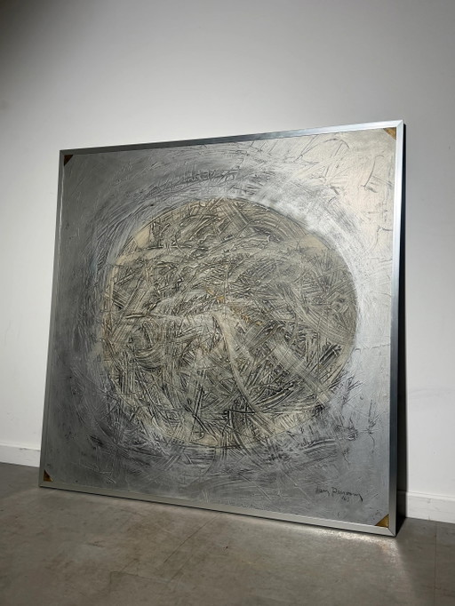 Großes abstraktes Ölgemälde auf Holztafel, signiert Persoons – 122 × 122 cm