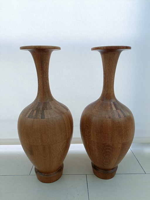 Vintage set rare Midcentury Art Vase in Hardwood by Maurice Bonami for De Coene Frères. Made in Belgium in the 1950s