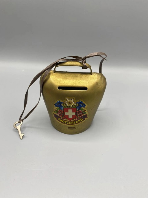 Brass Cowbell Piggy Bank - Swiss Design - With Original Key – decoratieve objecten, Leather, Metal