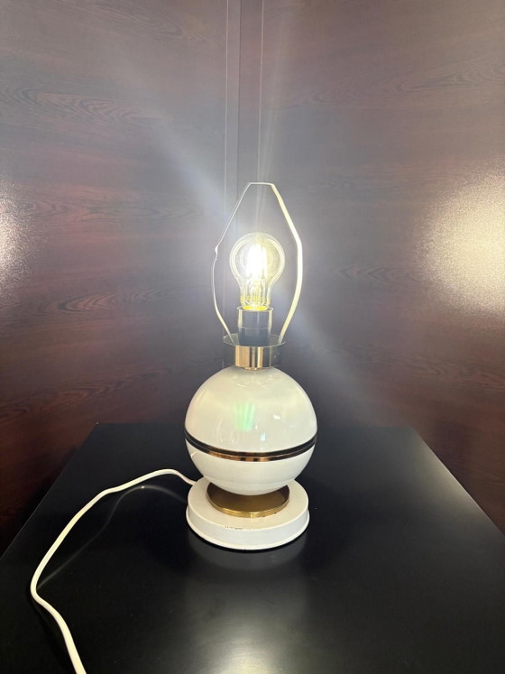 Space Age White & Brass Table Lamp, 1970s, Napako style, Metal (photo 9 of 10)