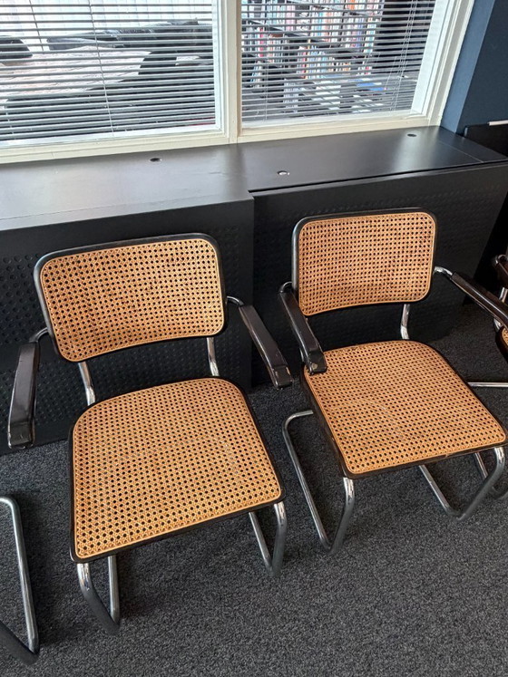 Image 1 of 6x - Originele Vintage Thonet Stoelen S 64 V - Marcel Breuer Met Armleuningen