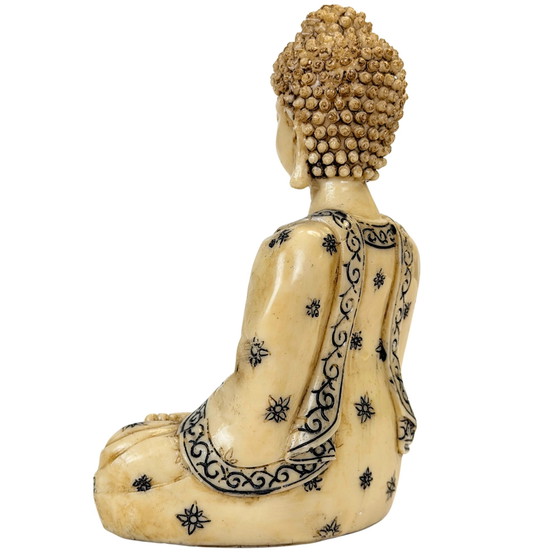 Buddha decorativo seduto in resina con Abhaya Mudra – Crema e Nero – Sculture, Modern (photo 6 of 10)