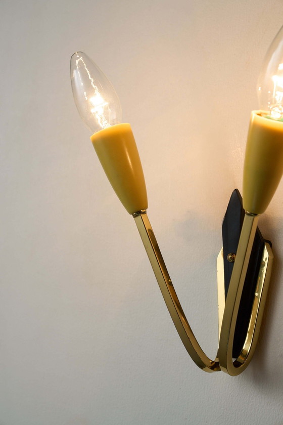 Geometric Brass and Black Wall Lamp, 1950s, Wall lights, Plastic, Mid Century Modern (photo 7 of 13)