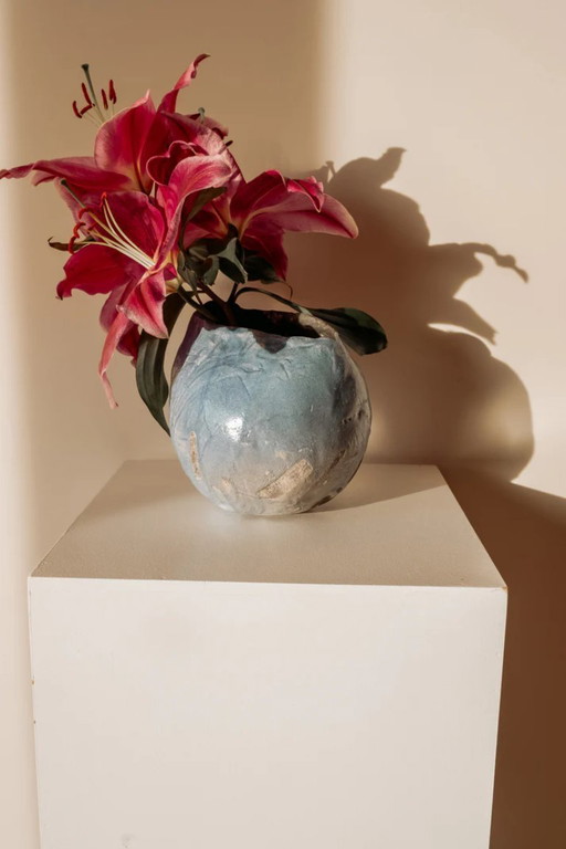 Vintage blue ceramic vase, handmade