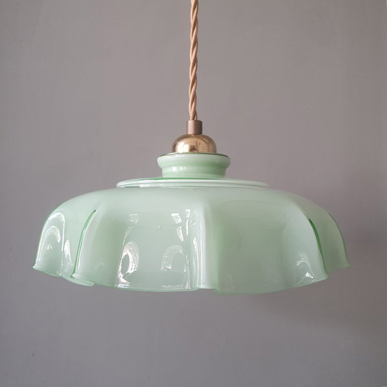 Vintage French Pendant Lamp - Pastel Green Opaline Glass. – Metal (photo 7 of 19)