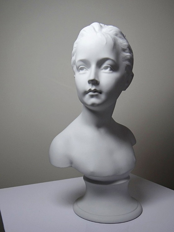 Image 1 of Bust of Louise Brongniard after Houdon, white biscuit porcelain, Tharaud, Limoges, 20th century