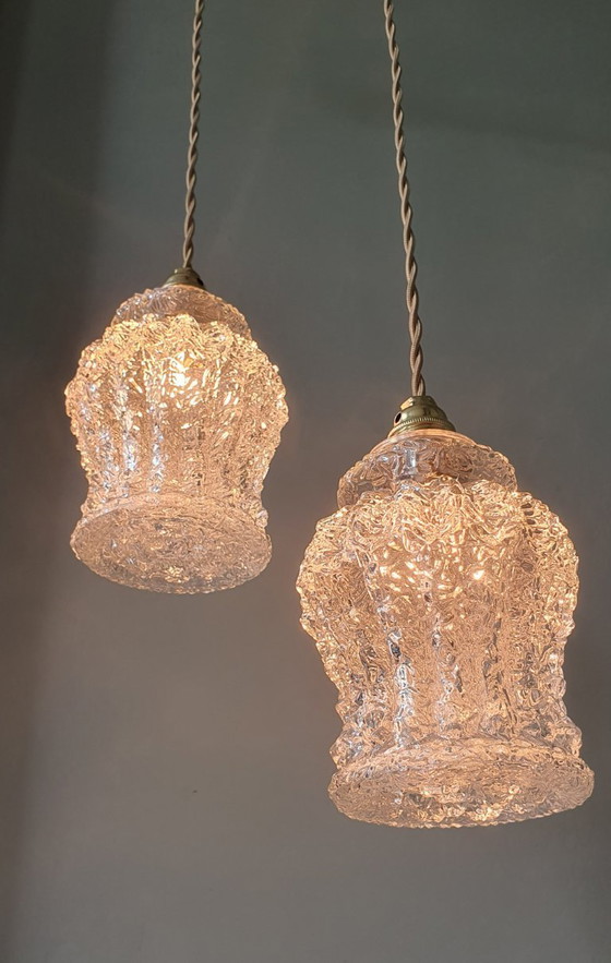 Image 1 of Set Van Twee Vintage Hanglampen Van Dik, Getextureerd Glas