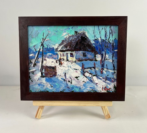 Original Oil Painting Winter Village Landscape The house sleeps in the snow