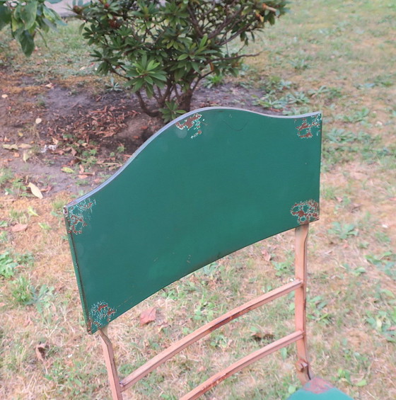 Image 1 of Mid Century Distressed Painted Iron Garden Table and 2 Chairs, 1960s