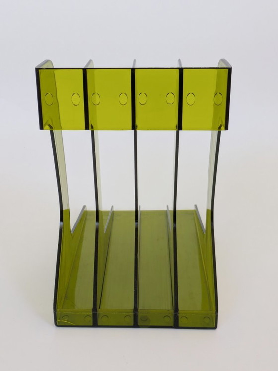 Image 1 of Vintage olijfgroen plexiglas LP-vinylrek in space age-stijl uit de jaren 70, met 4 vakken.