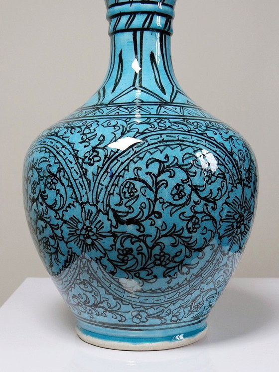 Image 1 of Covered vase or Persian jar, glazed Iznik pottery, turquoise painted, vintage