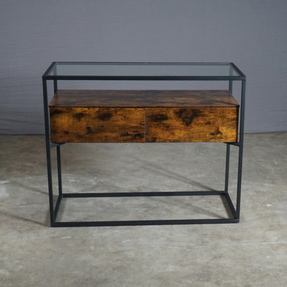 Industrieller Beistelltisch – schwarzes Metall – Glas – Holzschubladen – Beistelltische, Vintage (photo 7 of 9)