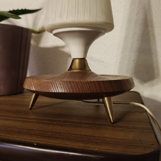 Image 1 of Vintage Atomic Style Table Lamp – Wooden Tripod Base – Mid Century Modern