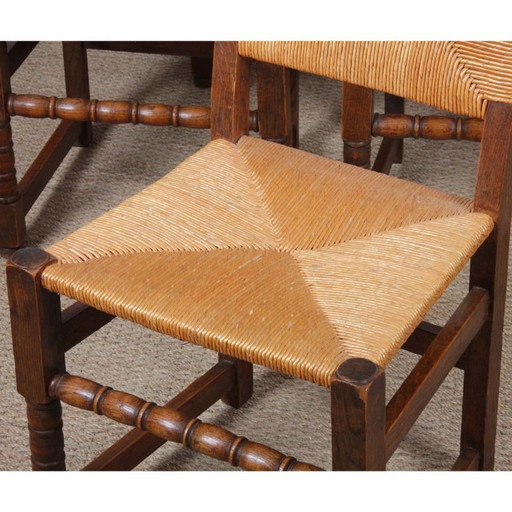 Set of 6 straw-seated wooden chairs, French work, 1950