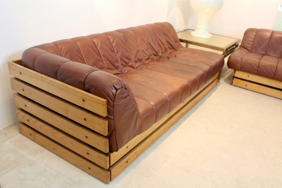 Dutch Lounge Sofa Set in Wood and Cognac Leather, Lounge sets (photo 2 of 9)