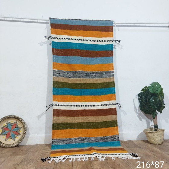 Image 1 of Authentieke Marokkaanse Kilim-loper 216 x 87 cm – Handgemaakt gestreept Berberkleed