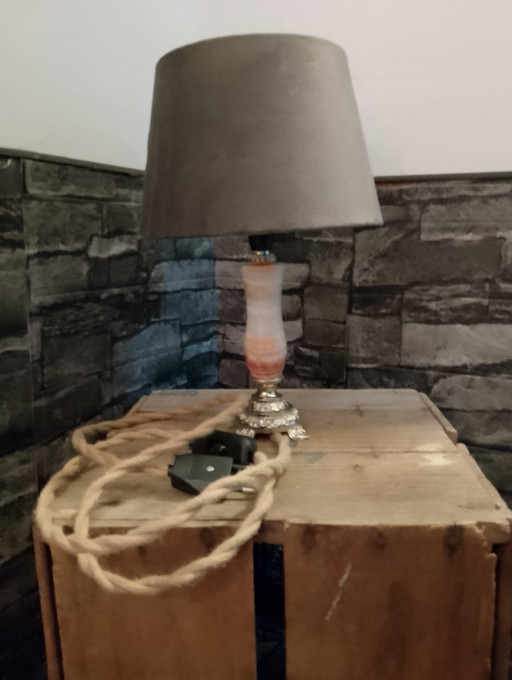 Lámpara pequeña y elegante en bronce, ónix, terciopelo antracita, cable de lino trenzado, totalmente restaurada.