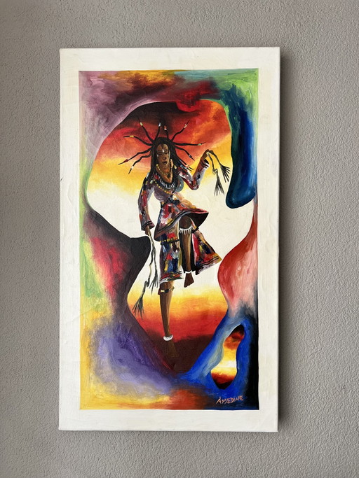 Original Signed African Fabric Painting by Amédine (Gorée Island, Senegal)