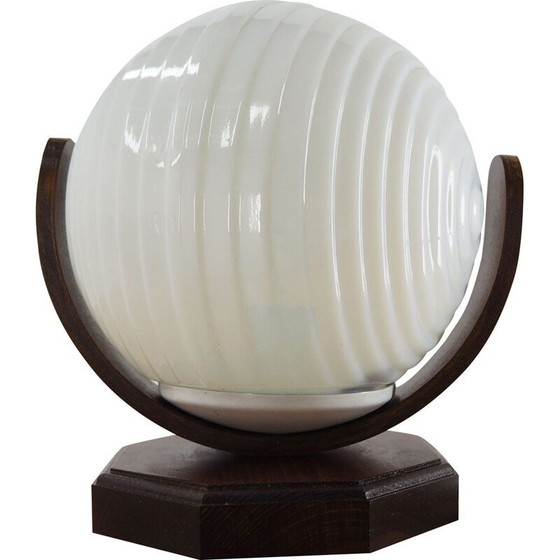 Image 1 of Vintage round table lamp in wood and glass, Czechoslovakia 1970